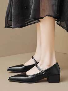 French Vintage Pointed Toe Mary Jane High Heel Shoes Women 2026 Autumn New Style Pointed Toe Fashion Chunky Heel Low Vamp French Vintage Mary Jane Elegant High Heel Pumps Minimalist Premium Commute Versatile Shoes - Black - View 4