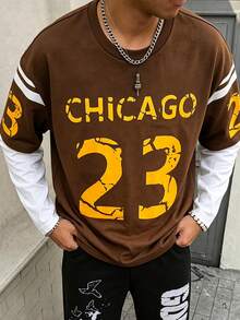 Lurzo Teen Boy Y2K Street 2-In-1 Long Sleeved T-Shirt, Oversized 23 Digit Printed Brown T-Shirt, Hip-Hop Casual Top, Casual Back To School Sportswear - Brown - View 3