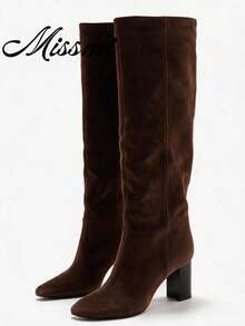 女款復古棕色麂皮高筒粗跟騎馬靴，歐美辣妹風，寬筒顯瘦高跟靴 - 咖啡棕 - 查看 1