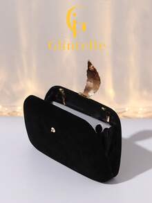 Black Velvet Leaf-Shaped Clutch, Luxury Gold Hardware Evening Bag, Detachable Chain Shoulder Strap, Suitable For Formal Party/Wedding/Date Night Accessory - Black - View 6