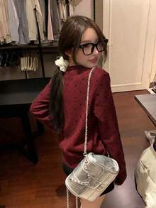 秋冬復古波點圓領女款單排扣鬆弛顯瘦休閒針織開襟外套 - 酒紅色 - 查看 6