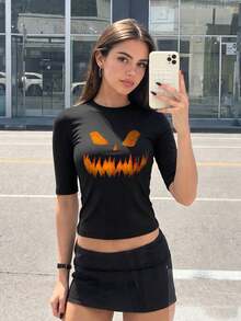 Women's High Neck Short Sleeve Pumpkin Print Cropped Knit T-Shirt, Autumn Essential - Black - View 3