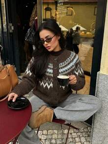 Women's Vintage Fair Isle Pattern Button-Up Cardigan Knit Sweater Long Sleeve Winter Top - Brown - View 7