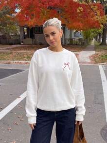Women's Merry & Bright Print Sweatshirt, Loose Long Sleeve Crew Neck Pullover, Ribbed Hem, Suitable For Autumn And Casual Urban Wear - White - View 4