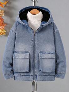 Boys' Autumn/Winter Casual Fashion College Street Style Patchwork Thermal-Lined Long Sleeve Hooded Denim Jacket - Light Wash - View 4