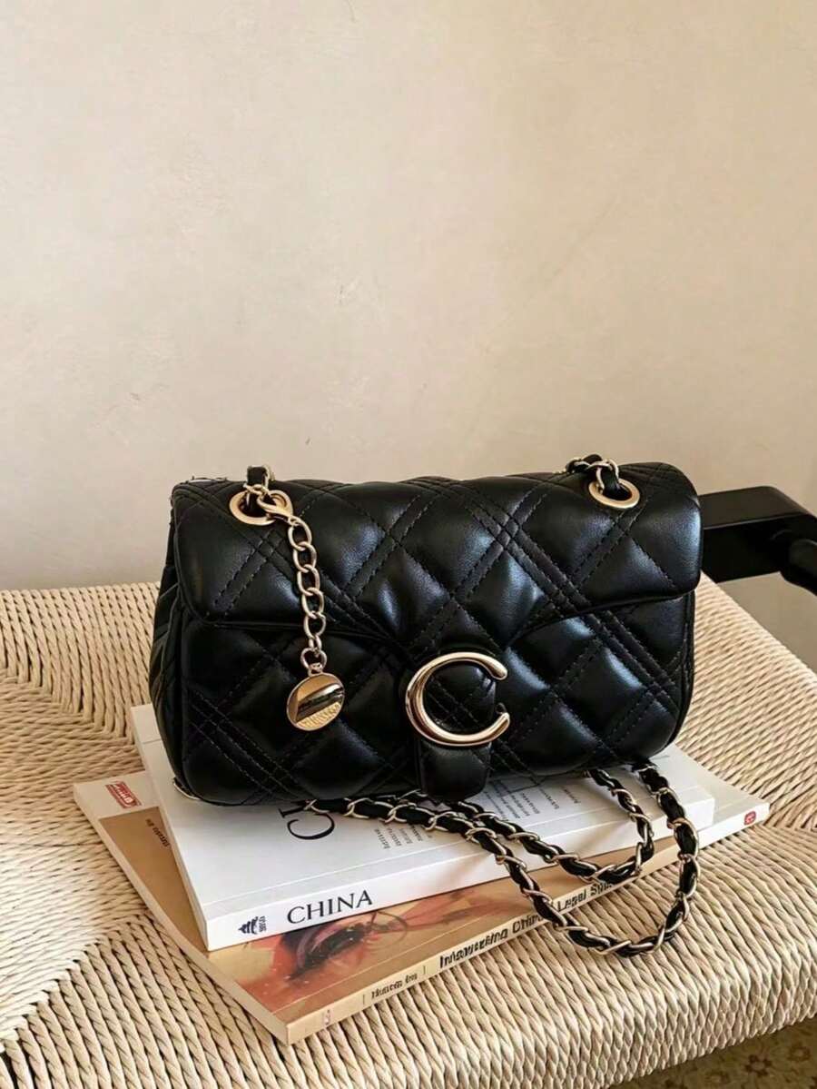 Women's Minimalist Black Hobo Shoulder Bag, Gold Letter Buckle, Adjustable Strap, Elegant Commute, Exquisite Daily - Black - View 1
