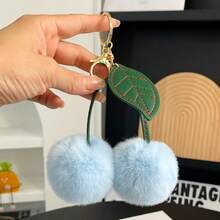 Cute Cherry Faux Rabbit Fur Ball Bag Charm, Leather Leaf Plush Cherry Keychain, Soft Girly Bag Pendant Decoration, Small Gift For Best Friend Birthday And Holiday - Multicolor - View 9