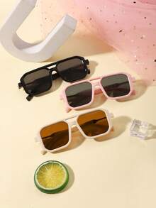 3pcs Kids 3-8Y Solid Color Double Bridge PC Frame Fashion Glasses, Retro Square Style For Party, Vacation And Daily Outings With Glasses Box - Multicolor - View 1