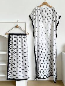 1 Set Faux Silk Minimalist Premium Geometric Print Long Robe Set For Women, Beach Cover-Up Sun Protection Pullover Shawl With Satin Scarf, Perfect For Layering And Daily Wear - Multicolor - View 12