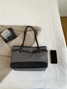 女款純色絎縫時尚大容量單肩托特包，磁吸開合，街頭休閒，拍照出片，日常通勤，大號 - 黑色 - 查看 3