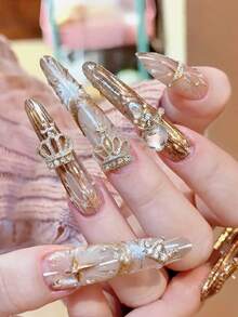 10Pcs 3D Crown Nail Charms, Silver Alloy Rhinestone Crown Nail Art Decorations, Crystal Heart Crown Nail Jewels For DIY Manicure - Multicolor - View 3