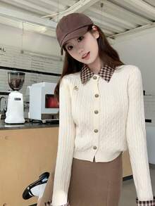 Women's 2-In-1 Knit Cardigan Sweater, Spring Outfit, Colorblock Plaid Polo Collar, Preppy Style Top - Apricot - View 6