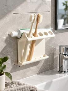 1Pc Wall-Mounted Toothbrush Holder With Storage Rack, Multifunctional Bathroom Organizer Easy Install Space Saving Shelf For Toothbrush Comb Makeup Brush, Bathroom Storage For Home Dorm, Wedding Graduation Gift, Bathroom Accessory Home Decor - Multicolor - View 8