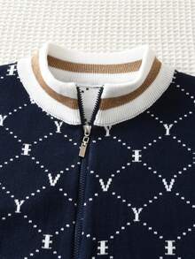 2pcs Set: 1pc Elegant Colorblock Striped Letter Sweater With Faux Pockets Knit Cardigan And 1pc Colorblock Letter Knit Skirt, Suitable For Daily Wear, Vacation, Spring, Autumn, Winter - Navy Blue - View 3