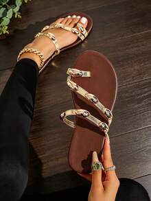 Wide Fit Women's Plus Size Wide Toe Box Sandals, Gold Metallic Decor Toe Cap Flat Slide Sandals, Oval Metal Ornament Flat Slip-On Slippers, Vacation Style Summer Outdoor Beach Slides - Brown - View 2