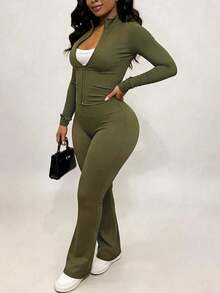 Spring/Autumn Bestselling Women's 2 Pieces Set, Fashion Slim Fit Solid Color Zip-Up Jacket And Pants, Lightweight Polyester Fitness Yoga Fabric - Olive Green - View 3