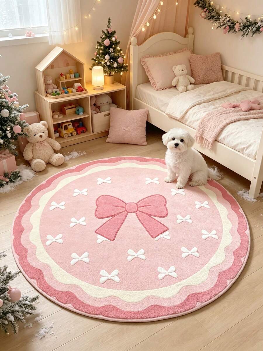 1pc Christmas New Sweet Pink Round Bow Rug, Cute Decorative Floor Mat For Girls' Room, Living Room, Bedroom, Autumn/Winter Minimalist Decorative Blanket, Decorative Rug, Bedroom Decor, Small Rug, Rug, Home Decor, Living Room Rug, Living Room Small Rug, Bedroom Rug, Living Room Home Decor - Multicolor - View 1