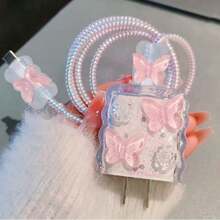 Y2K Kawaii Butterfly Charging Cable & Adapter Set, Pink Pearl Rhinestone Phone Cord With Clips, Aesthetic Sweet Phone Accessories - Multicolor - View 3