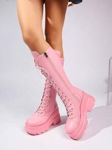 Pink Thick Sole High-Top Lace-Up Boots, Platform Jagged Sole Motorcycle Boots, Sweet Cool Hot Girl Long Boots - Pink - View 2