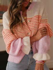 Women's Plus Size Striped Knit Button Front Cardigan Sweater, Long Sleeve Top With Frill Trim, Elegant Casual For Vacation And Daily Wear, Spring Autumn Winter - Pink - View 2