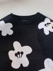 Girls Cute Floral Pattern Knit Pullover Sweater, Suitable For Casual Daily Wear In Spring, Autumn And Winter - Black - View 3