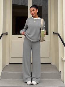 Women's Striped Long Sleeve Round Neck Top With Matching Long Pants, Comfortable Stretch Fabric, Suitable For Daily Wear - Brown - View 1