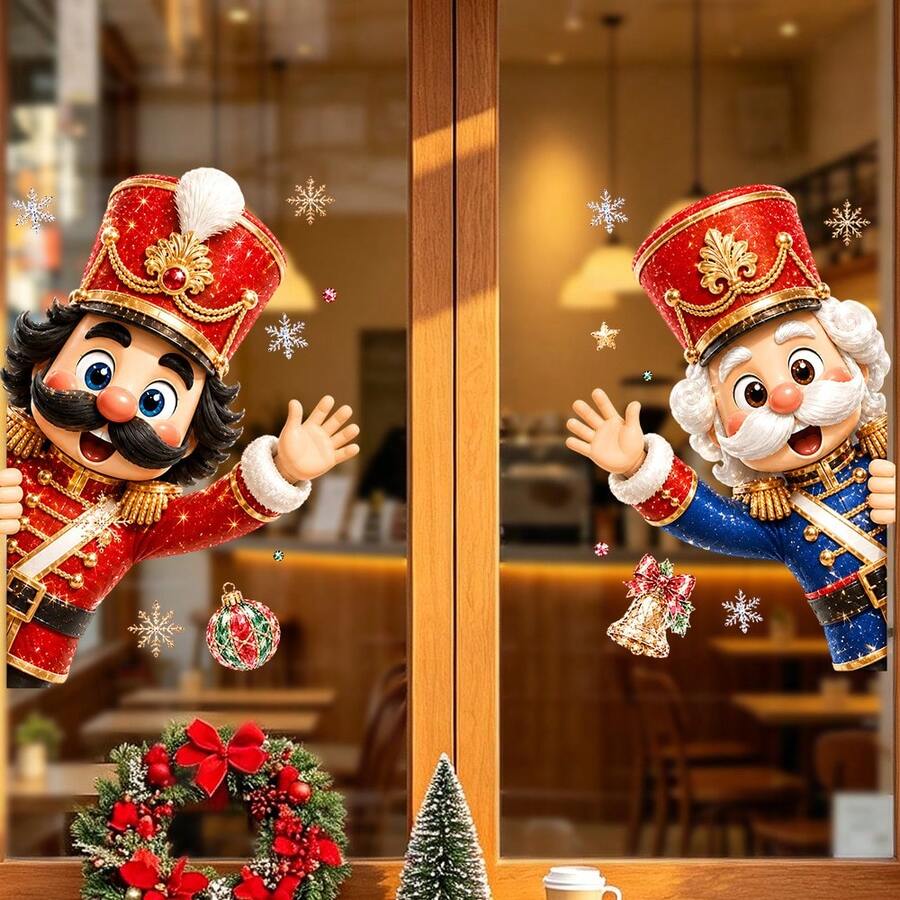 1/2pcs Cute Cartoon Nutcracker Soldier Christmas Window Sticker, Double-Sided Visible PVC Static Adhesion Glass Decal, Suitable For Store Window And Home Holiday Decoration - Multicolor - View 1