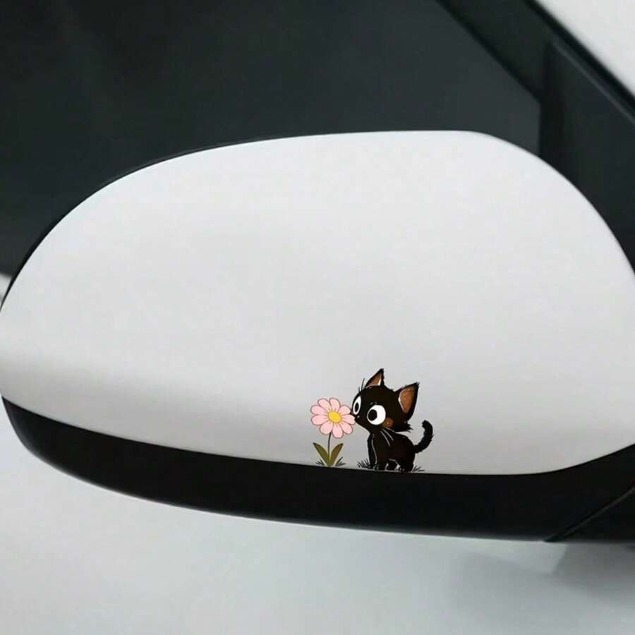 Cute Black Cat And Flower Pattern Car Stickers - Animal Themed Rearview Mirror Stickers, Self-Adhesive Decoration, Suitable For Cars, Motorcycles, Phones And Walls. Perfect Christmas And Easter Gift - Car Stickers