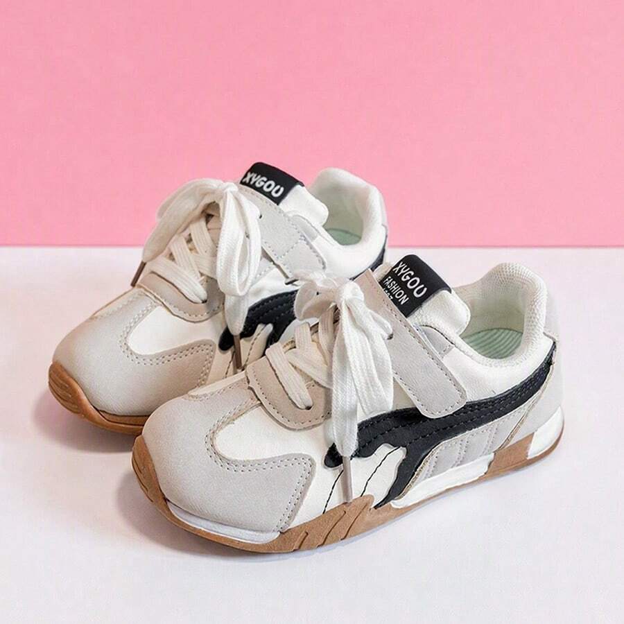 Girls' Fresh Minimalist Beige & Black Hook & Loop Casual Shoes With Side Color Block Design, Suitable For School Daily Wear In Spring And Autumn - Multicolor - View 1