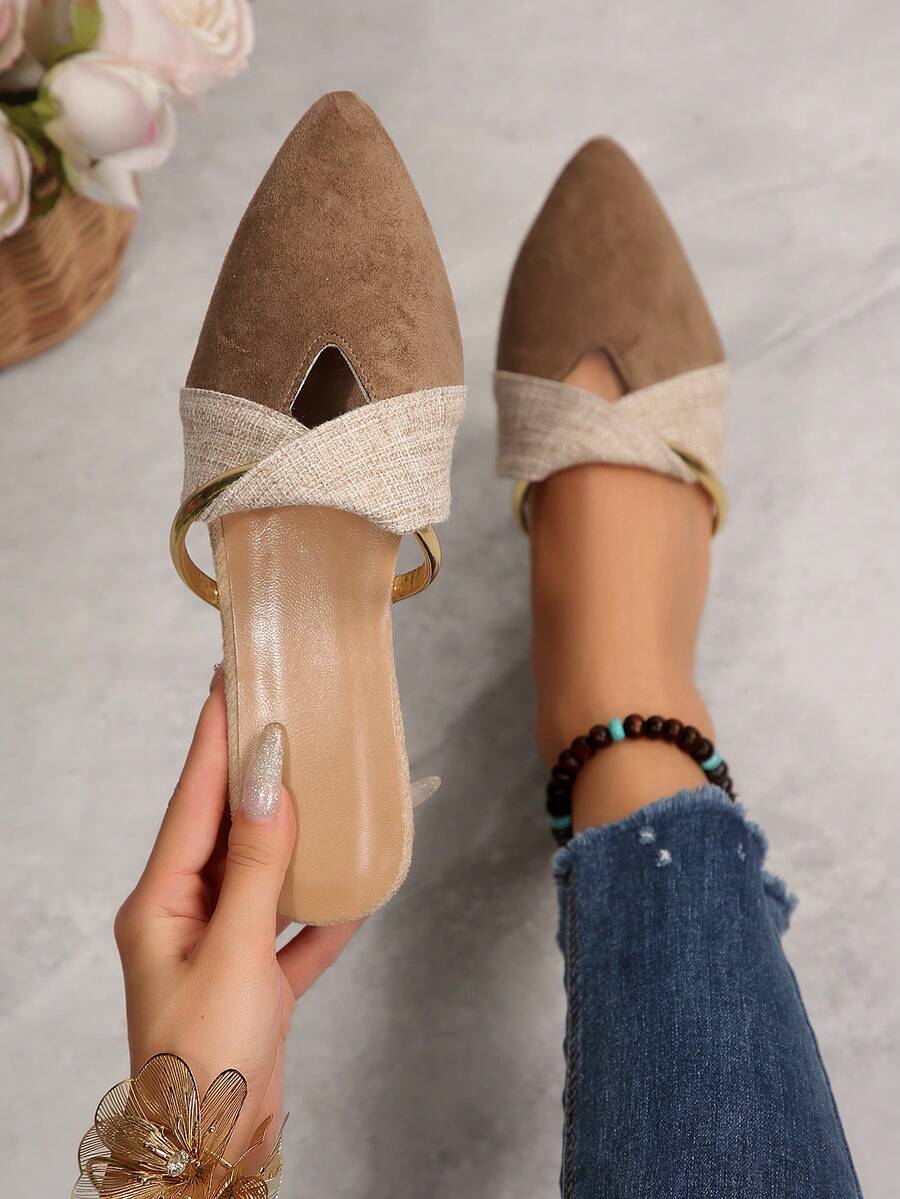 卡其色女款平底尖頭半包後跟穆勒鞋,麂皮皮革鏤空裝飾金屬帶式一腳蹬樂福鞋,休閒優雅通勤辦公工作鞋,春秋新款 - 卡其色 - 查看 1