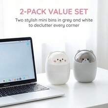 1pc Desktop Mini Trash Can With Swing Lid, Cute Bear Plastic Garbage Bin, Tabletop Waste Storage Bucket, Suitable For Home, Office, Kitchen, Vanity, Bedroom, Grey And White - A - View 6