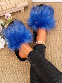 1 Pair Women's Contrast Color Long Plush One-Strap Indoor Comfortable Soft Sole Fuzzy Slippers - Blue - View 3