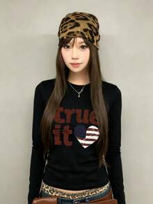 New Short Long Sleeve T-Shirt Women Y2K Generation Red English Flag Print Spring Autumn Korean Style Round Neck Versatile Casual Slim Fit Top - Black - View 3