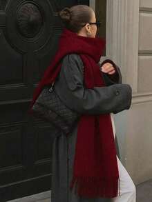 1PC Women's Simple Burgundy Solid Color Regular Style Faux Cashmere Scarf, Christmas Red Autumn/Winter College Style Pashmina Shawl, Suitable For Seasonal Transitions, Daily Wear, Windproof And Warm, New Year Gift - Burgundy - View 6