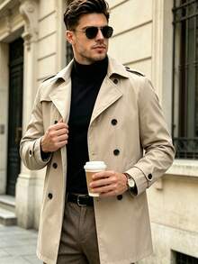 Men's Solid Color Double-Breasted Fashion Versatile Daily Commute Trench Coat Jacket - Apricot - View 1