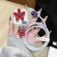 5pcs/Set Compatible With UK 20W Cable Protector Red & Blue Floral Accessories TPU Material Anti-Fall Anti-Scratch Laser White Data Cable Wrap Rope Anti-Break - Red Flowers - View 1
