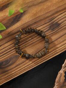 1Pc Rough Wood Chip Natural Stone Beaded Bracelet Vintage Elastic Stretch Wristband Men Bohemian Daily Wear Jewelry Gift - Irregular Beaded Bracelet - View 6
