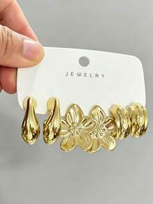 6-18pcs Gold Geometric Hoop Earrings Set, 3D Flower Honeycomb Stripe Ear Cuffs, Versatile High-End Niche Style Earring Combination - Gold - View 7