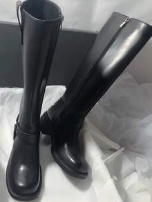 女款方頭粗跟側拉鍊休閒拼接麂皮修身極簡高跟長靴 - 黑色 - 查看 2