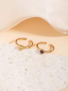 2pcs Stainless Steel Fashion Vintage Gold-Tone Open Ring Set, Inlaid With Pink And Blue Rhinestones, Suitable For Women's Daily Wear Or Gift Giving - Yellow Gold - View 2