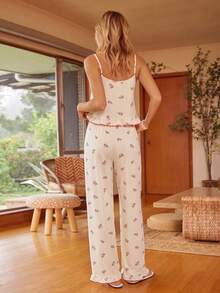 Gentle Beige & Pink Tulip Print Long Nightgown With Bright Pink Bow Thin Straps And Ruffle Hem - White - View 2