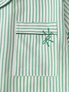 2pcs Set Comfortable Striped Bow Print Pajama Set, Short Sleeve Lapel Top With Pocket And Bow Shorts, Women's Sleepwear Loungewear - Green - View 6