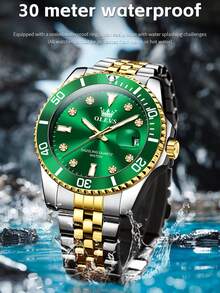 OLEVS Men Quartz Watch Luxury Two-Tone Stainless Steel Luminous Waterproof Rotating Bezel Date Display Rhinestone Business Casual Sport Diver Gift - Green - View 4