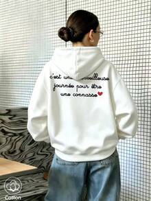 Women's Casual Hoodie With French Text & Red Heart Print, Loose Fit Breathable Sweatshirt For Spring Autumn Daily Campus Wear - White - View 2