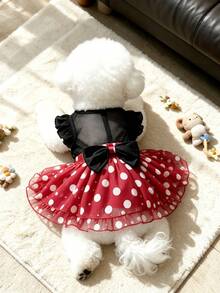 1pc M Size Dog Cat Vintage Dress Red Polka Dot Black Mesh, Ruffle Flutter Sleeve Suspender Strap Satin Bow Tulle Tutu Skirt, Cute Retro For Spring Summer Party Birthday Photo Shoot, Suitable For 3-4kg - Multicolor - View 4