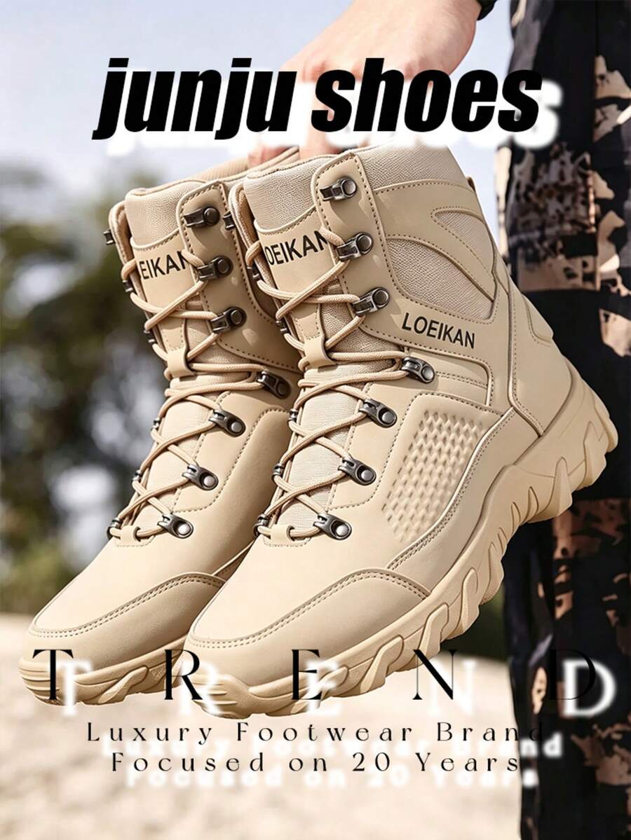 2 Colors Available High-Top Durable Work Boots For Men, Stable Lace-Up Non-Slip Outdoor Hiking Trekking Casual Everyday Boots - Khaki - View 1