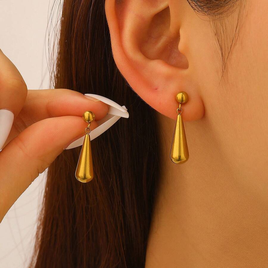 18K Gold Plated Simple Fashion Stainless Steel Teardrop Earrings, Single Piece, Suitable For Women's Daily Wear - Yellow Gold - View 1