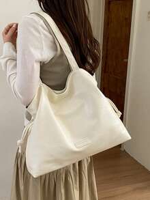 Túi tote mềm cho nữ, túi đeo vai thường ngày dung tích lớn, túi xách kẹp nách phong cách retro bề mặt trơn - Màu be - Xem 2