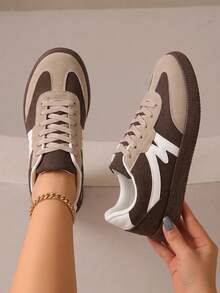TCVC Women Vintage Patchwork Flat Sneakers, Faux Suede Contrast Graphic Lace-Up Low Top Casual Trainers, Gum Sole All-Match Daily Shoes - Brown - View 1