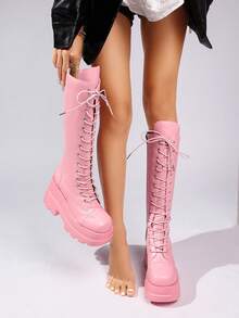 Pink Thick Sole High-Top Lace-Up Boots, Platform Jagged Sole Motorcycle Boots, Sweet Cool Hot Girl Long Boots - Pink - View 3